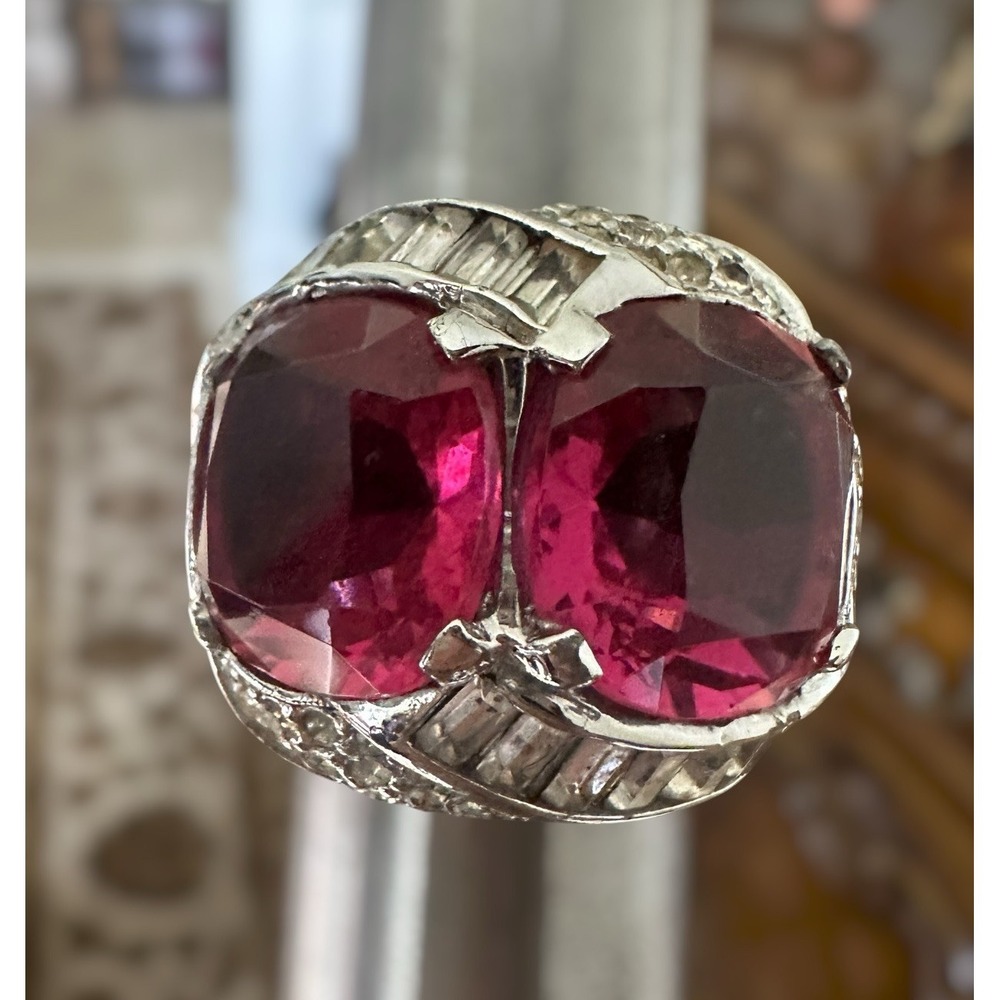 VTG Mazer Statement Substantial Ring Size 7 Crystal Ruby Red Clear Signed Rare